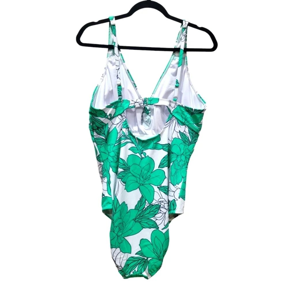 NWT Sz 16 LIZ CLAIBORNE Floral Tummy Control Swimsuit Kelly Green Riviera Garden